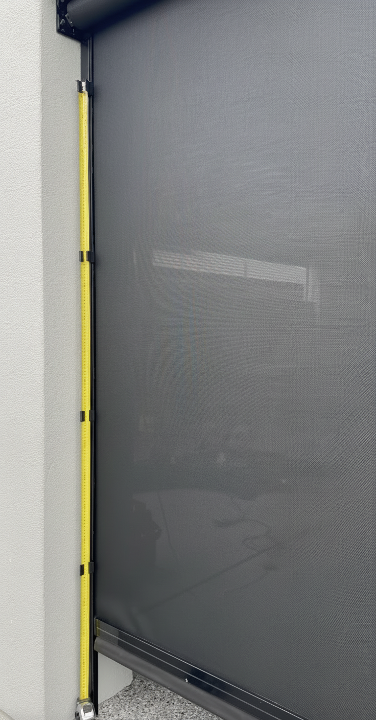 Close-up of a gray zip screen with yellow tape meaure